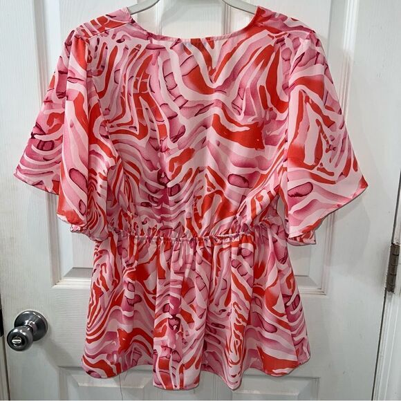 SHE+SKY Pink, Mauve and coral Empire waist Plunge Print Top w flutter sleeves Lg - Picture 12 of 13